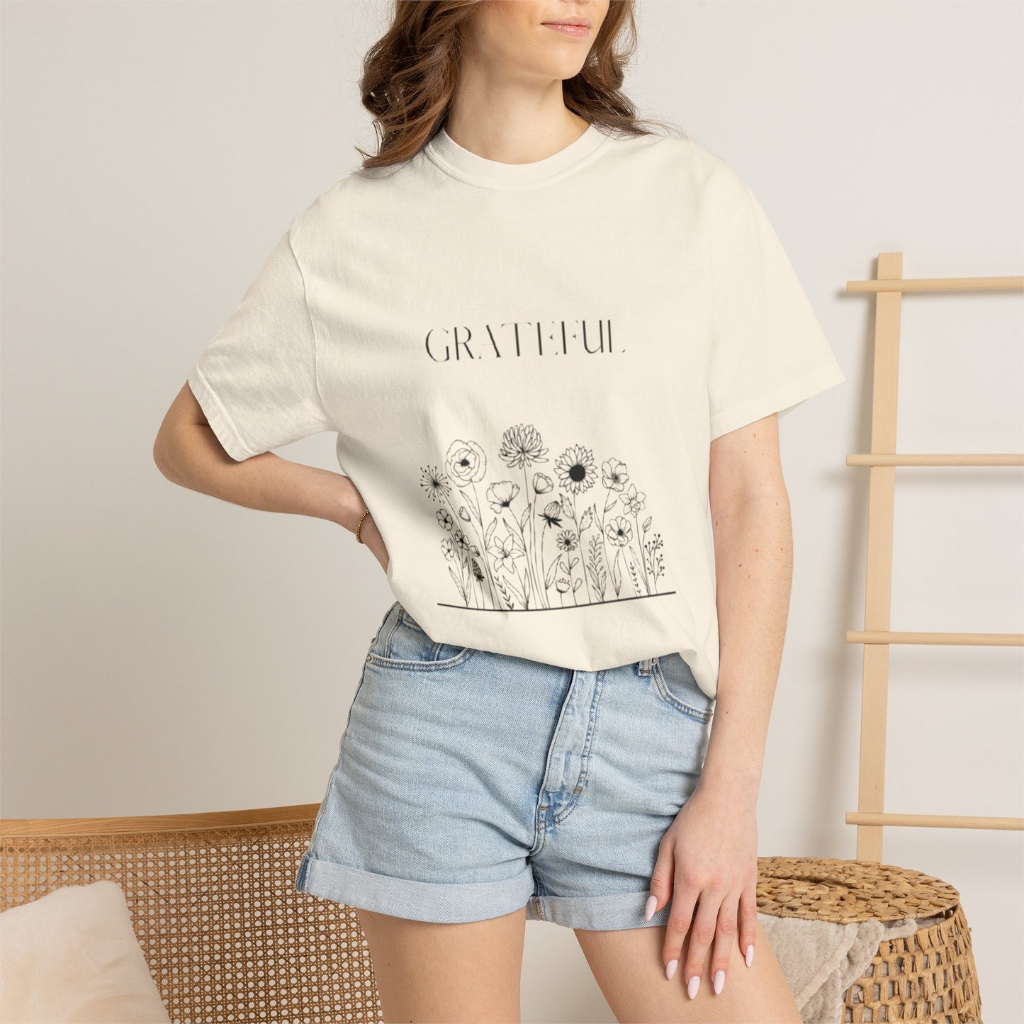 Grateful Floral T-Shirt — 'Grateful' Front with Scripture Back (Christian Faith Tee)