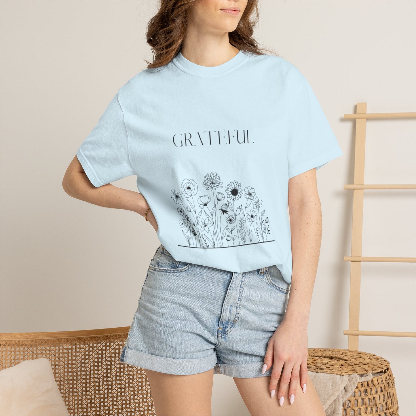Grateful Floral T-Shirt — 'Grateful' Front with Scripture Back (Christian Faith Tee)
