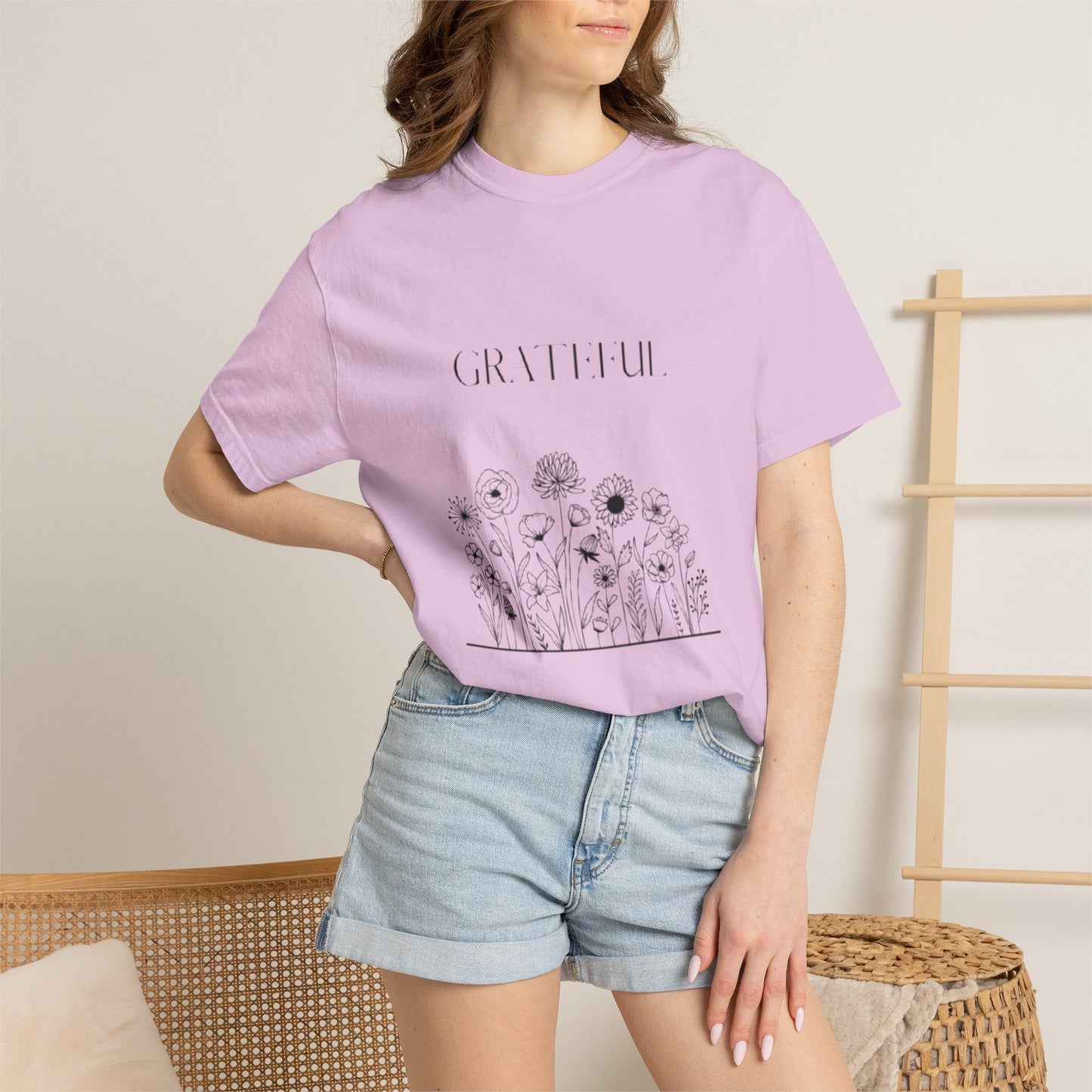 Grateful Floral T-Shirt — 'Grateful' Front with Scripture Back (Christian Faith Tee)