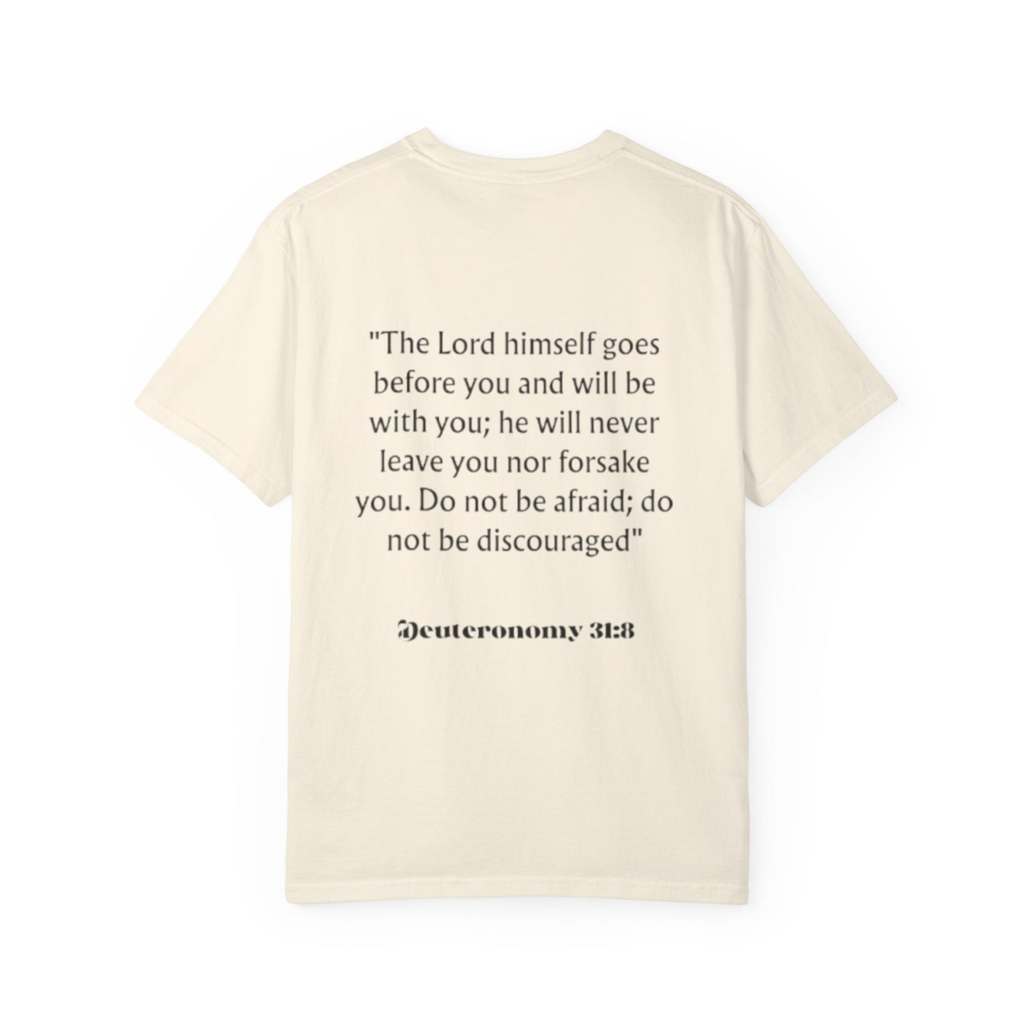Faith Cross T‑Shirt — Christian Scripture Deuteronomy 31:8 Tee