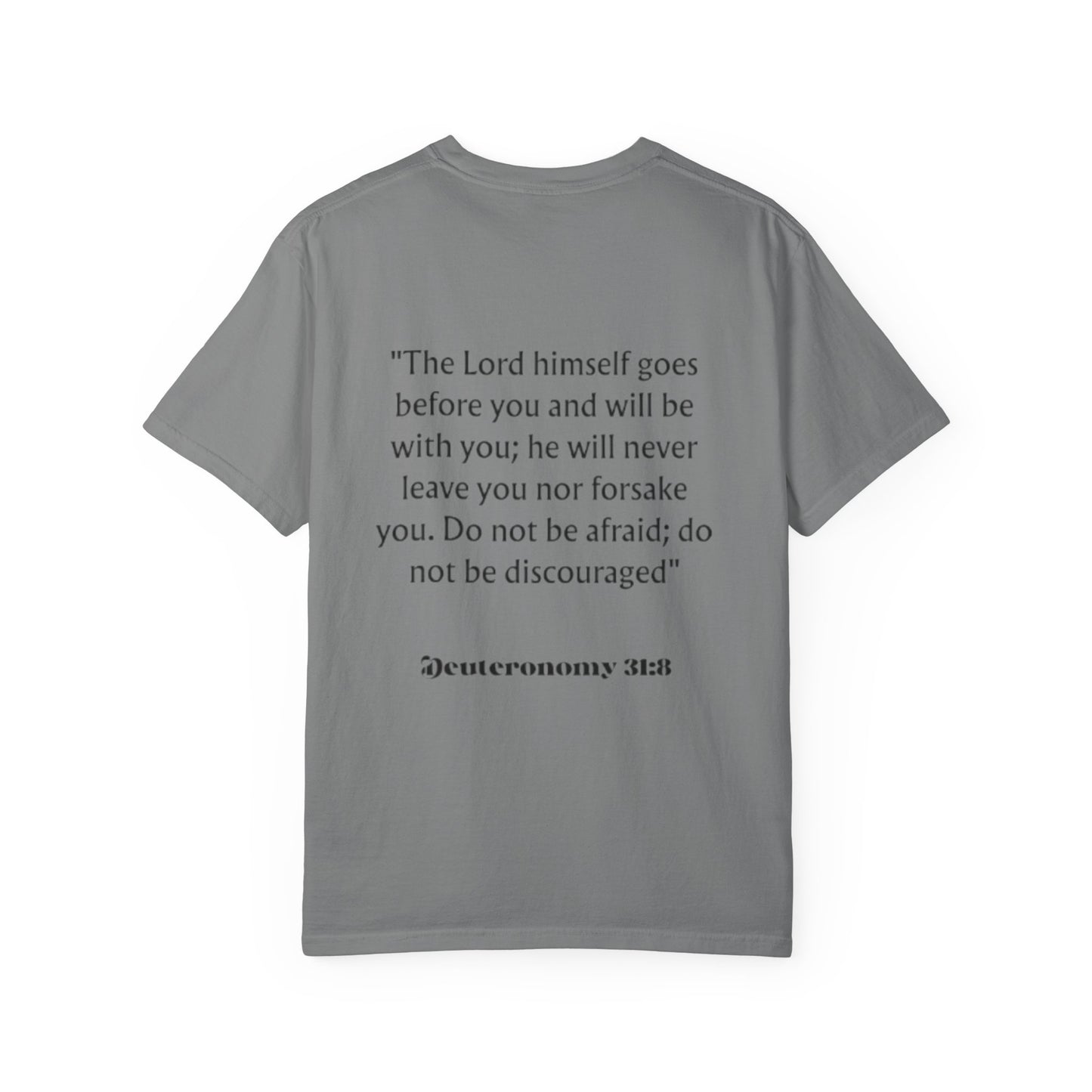 Faith Cross T‑Shirt — Christian Scripture Deuteronomy 31:8 Tee
