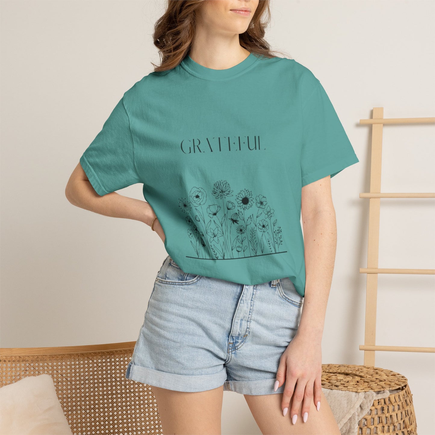 Grateful Floral T-Shirt — 'Grateful' Front with Scripture Back (Christian Faith Tee)