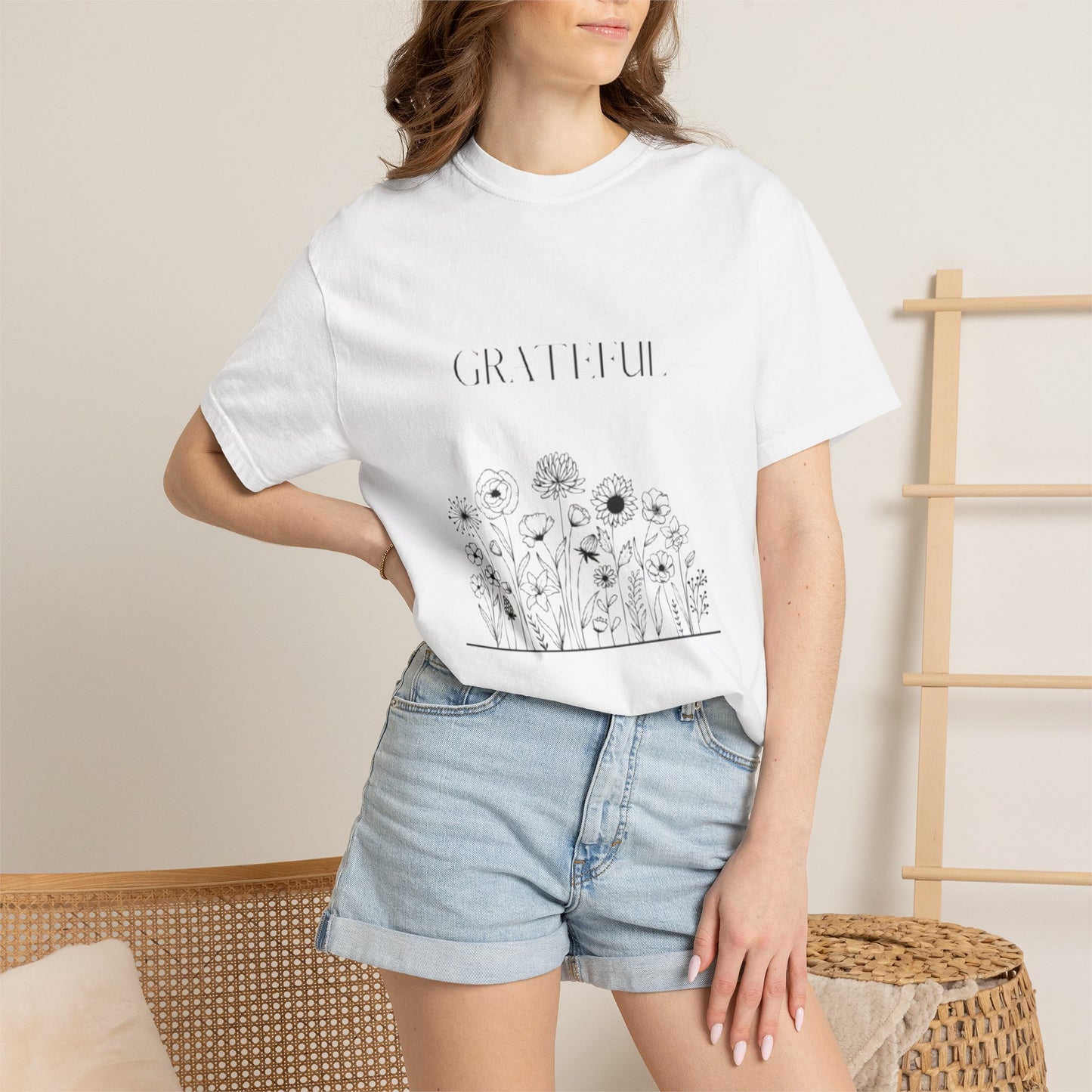 Grateful Floral T-Shirt — 'Grateful' Front with Scripture Back (Christian Faith Tee)