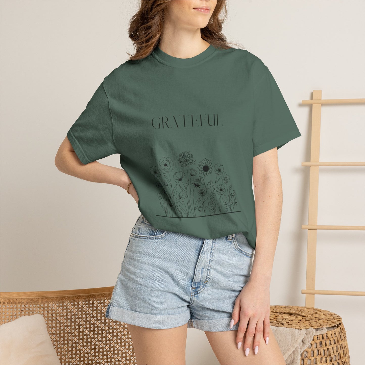 Grateful Floral T-Shirt — 'Grateful' Front with Scripture Back (Christian Faith Tee)