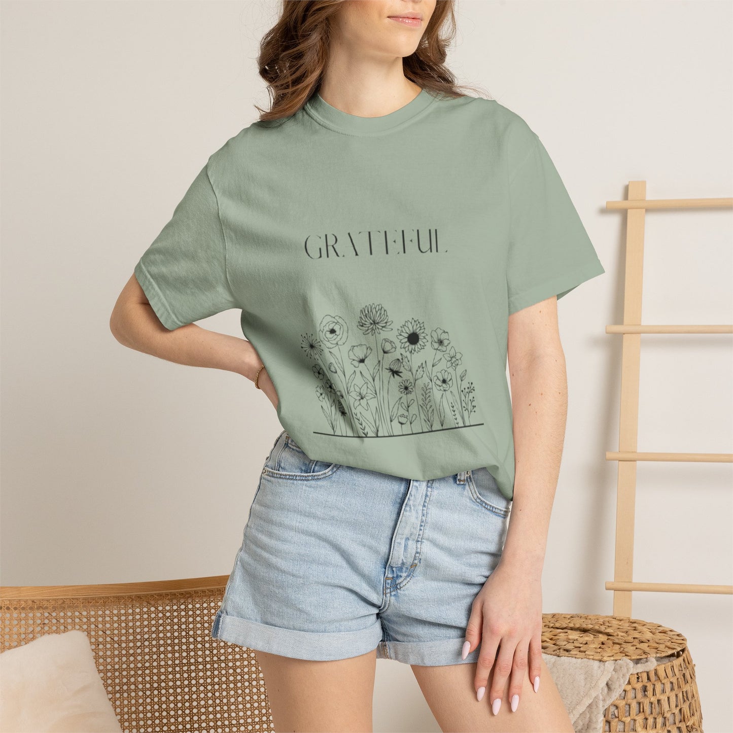 Grateful Floral T-Shirt — 'Grateful' Front with Scripture Back (Christian Faith Tee)