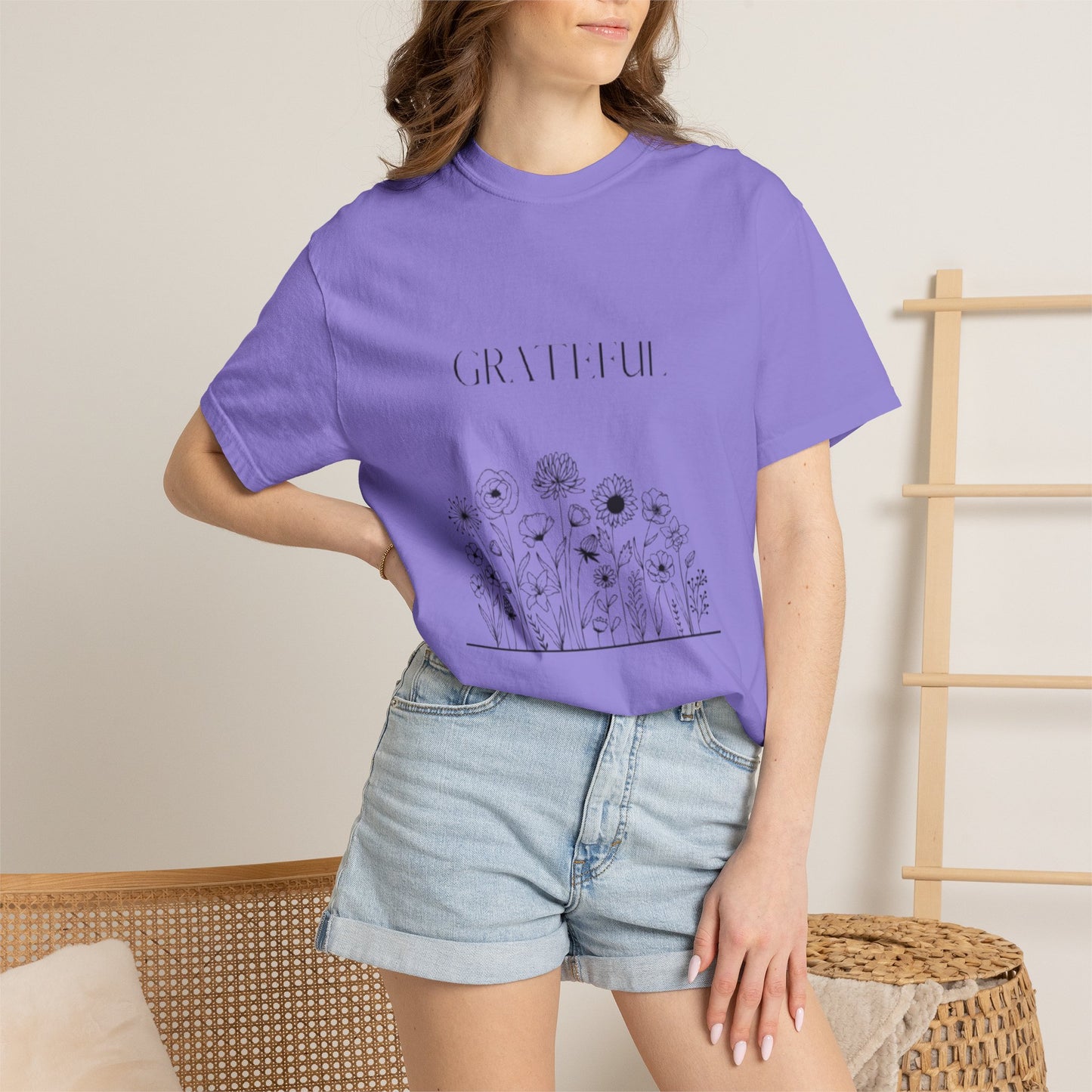 Grateful Floral T-Shirt — 'Grateful' Front with Scripture Back (Christian Faith Tee)
